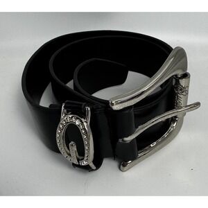 Vintage GUESS Belt Womens M Black Rhinestones Silver Buckle Faux Leather Y2K